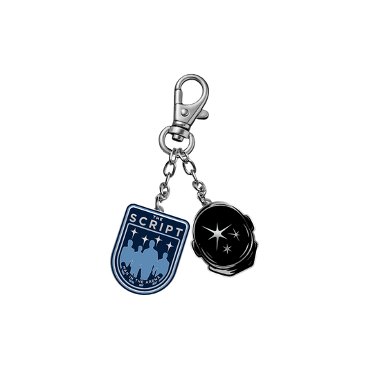 A silver metal keychain featuring two charms: a blue shield-shaped charm with the word 'SCRIPT' and a black octagonal charm with star details, set against a plain white background.
